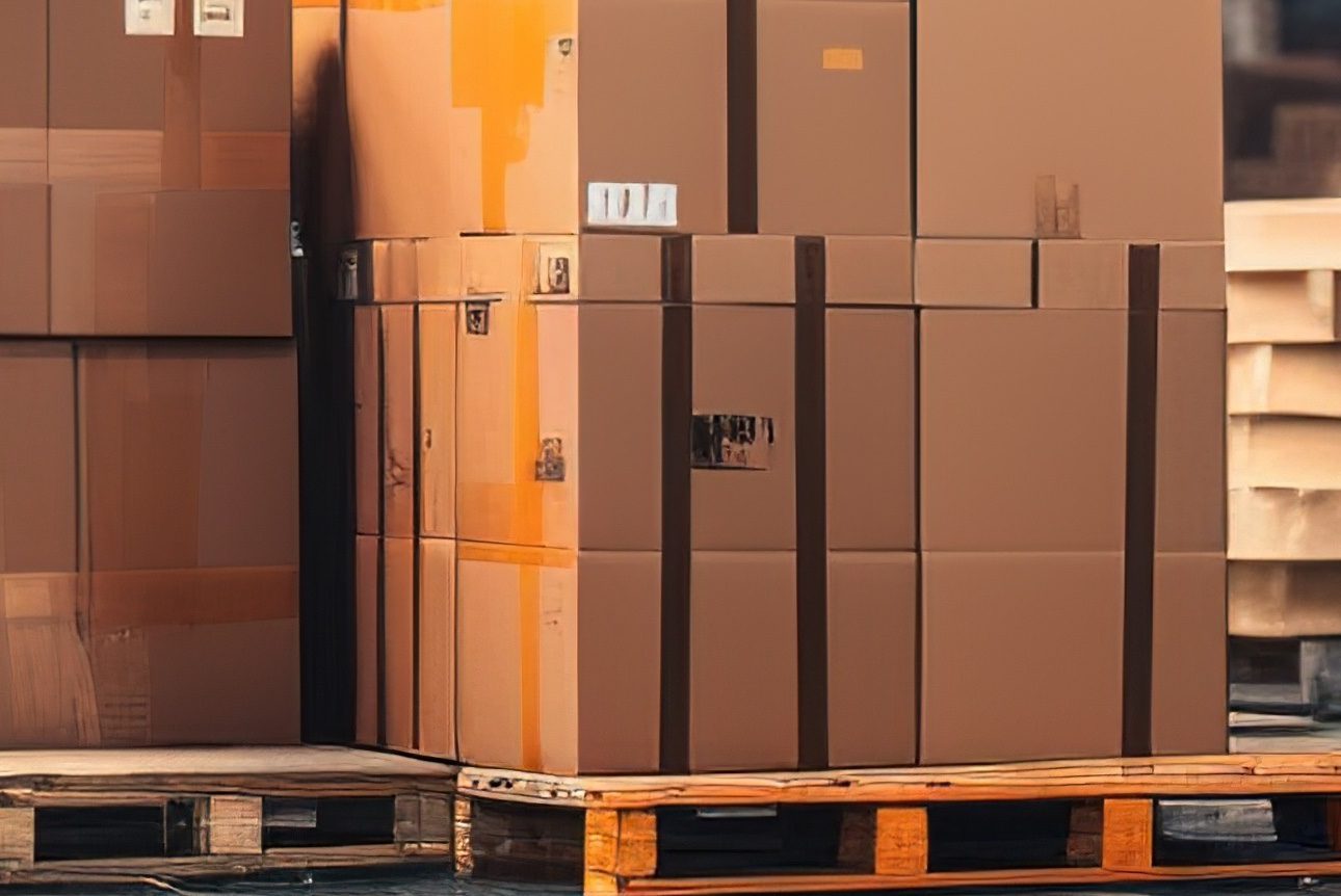 Retail warehouse full of shelves with goods in cartons, with pallets and forklifts. Product distribution center. Generative ai